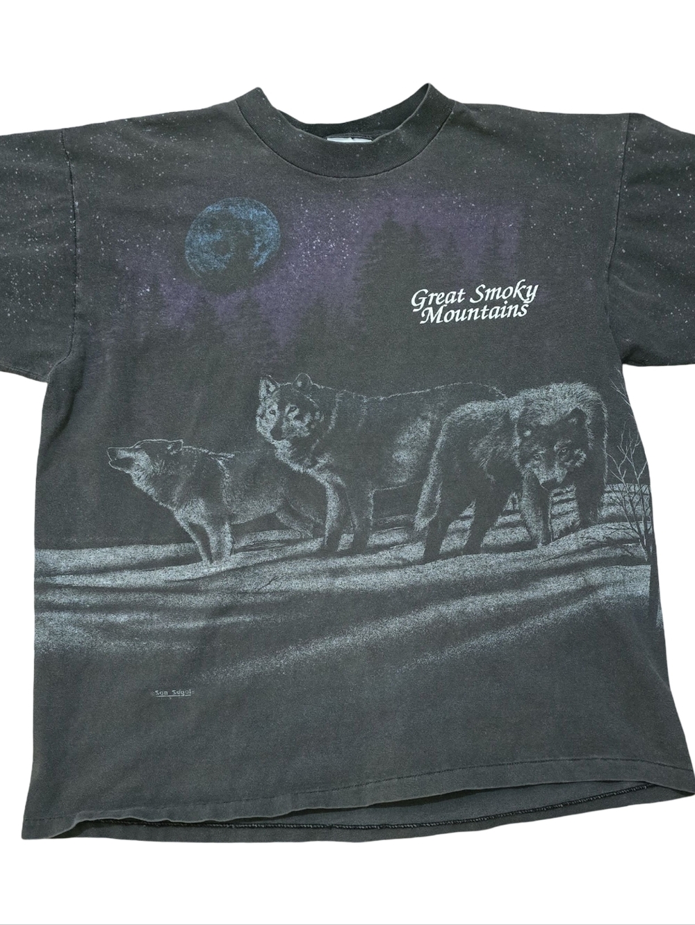 90s Vintage Art Style T-Shirt L All Over Print San Segal Wolves Moon Forest